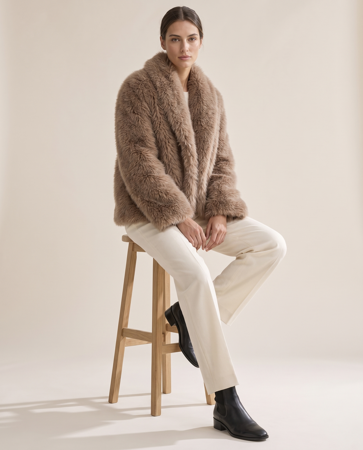 Thick Faux Fur Jacket for Women — worn seated