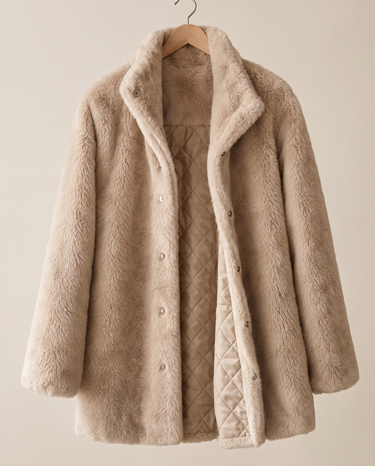 Faux Fur Coat with Quilted Lining — on hanger showing quilted lining