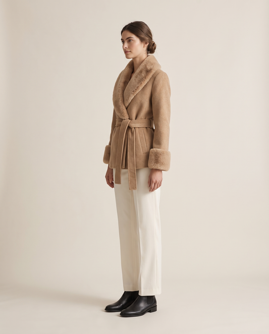 Wrap Coat with Removable Plush Collar — three-quarter view
