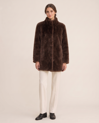 Faux Fur Coat with Quilted Lining — dark brown, studio front