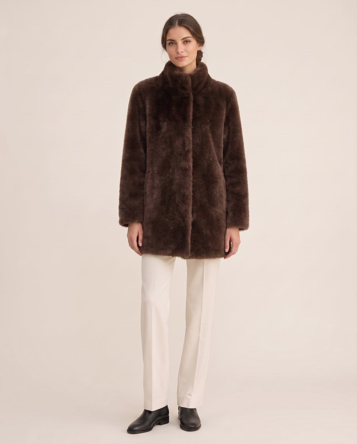 Faux Fur Coat with Quilted Lining — dark brown, studio front