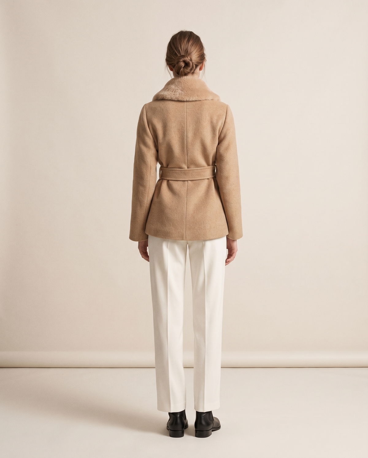 Wrap Coat with Removable Plush Collar — studio back