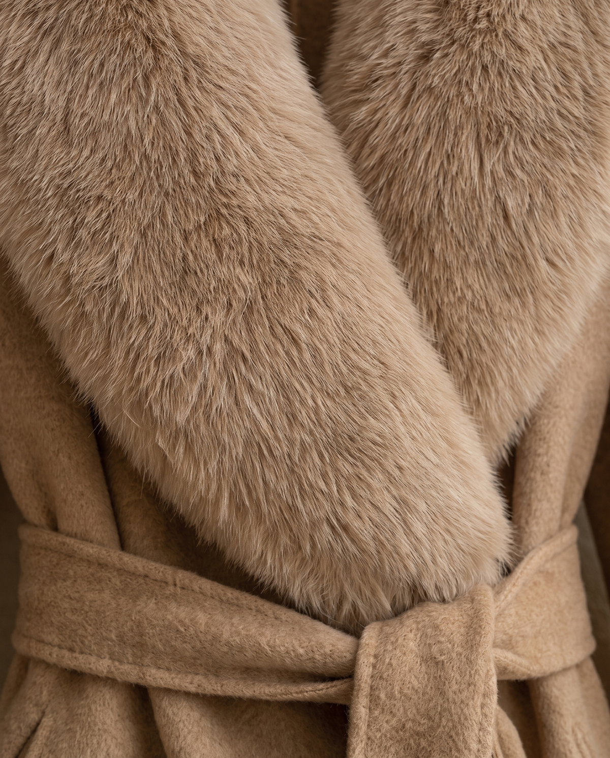 Wrap Coat with Removable Plush Collar — plush collar and belt close-up