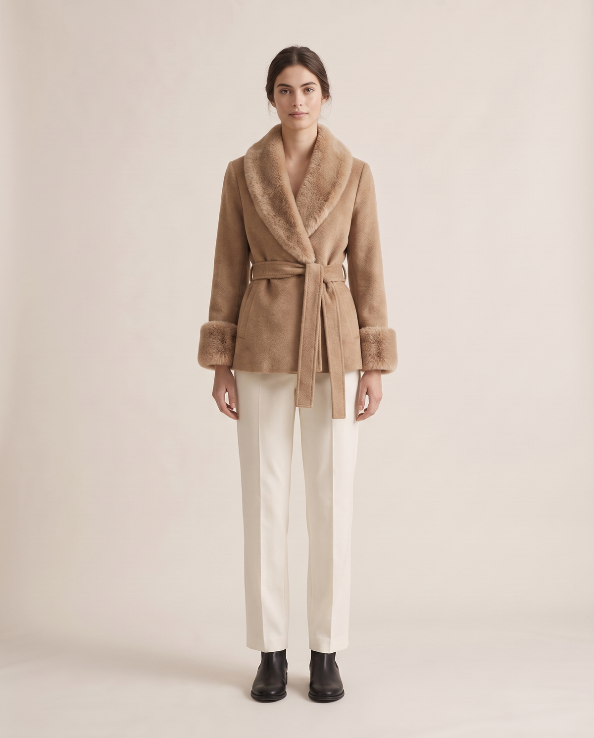 Wrap Coat with Removable Plush Collar — studio front