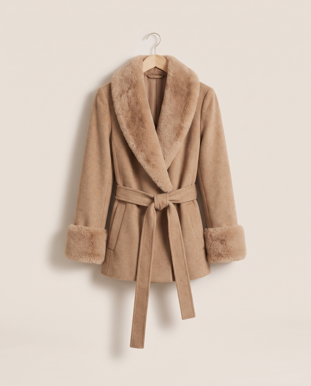 Wrap Coat with Removable Plush Collar — on hanger
