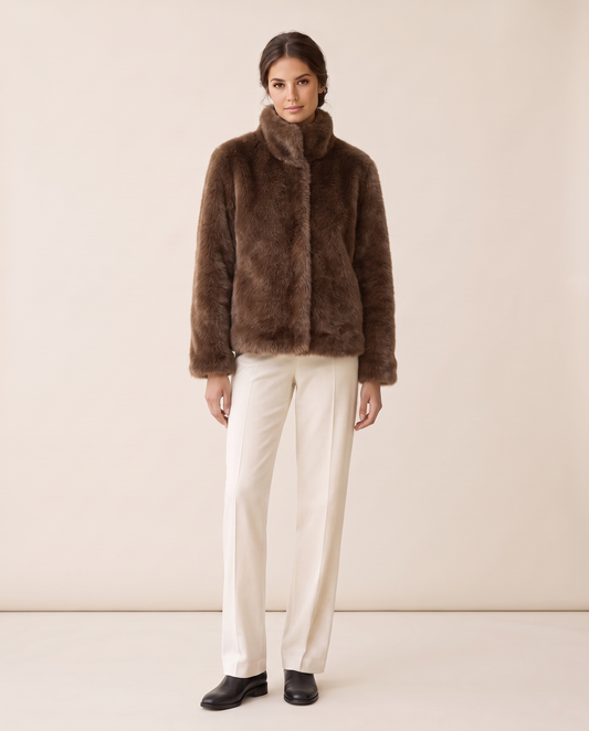 Short Faux Fur Coat with Stand Collar — studio front