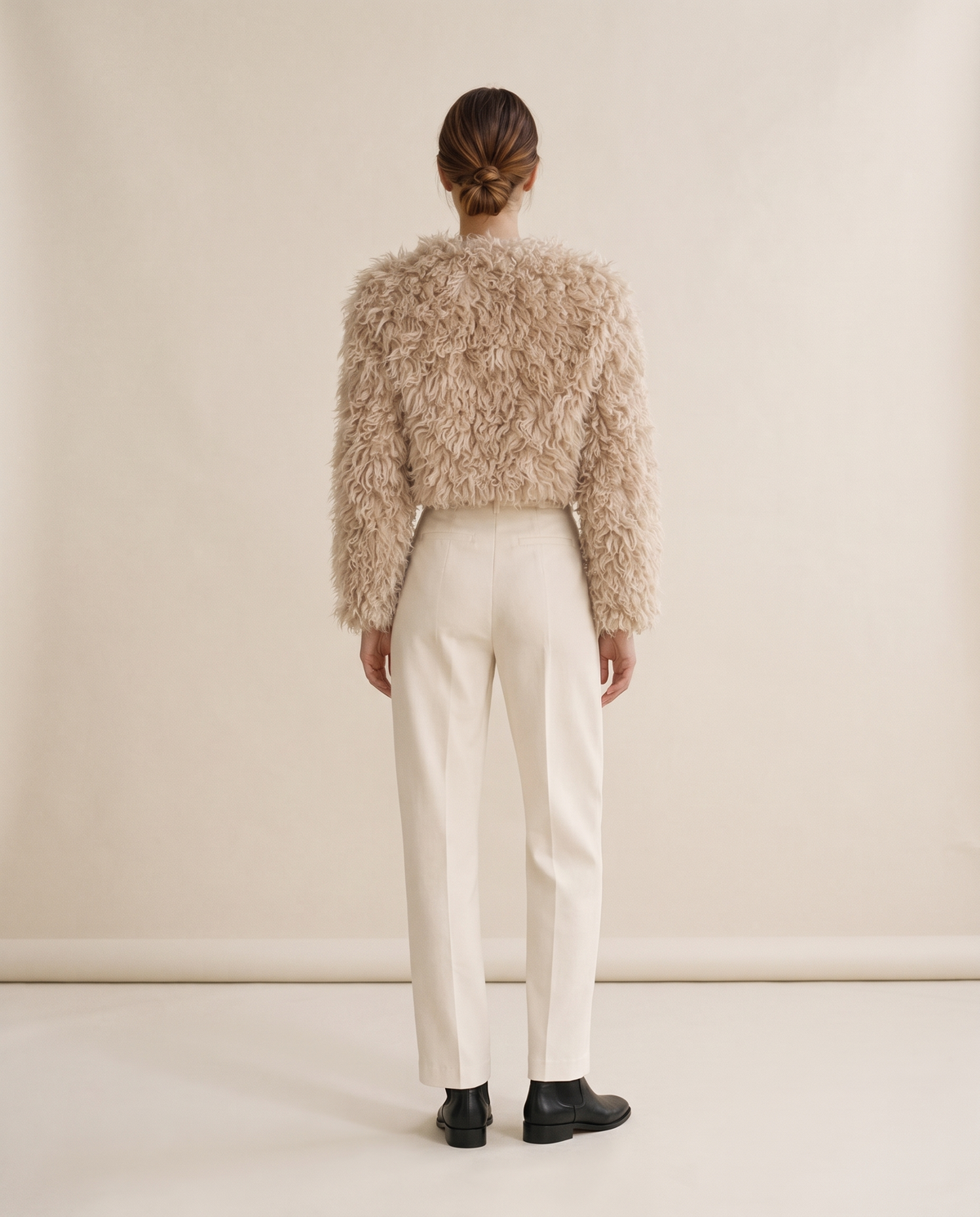 Cropped Shaggy Faux Fur Jacket — studio back