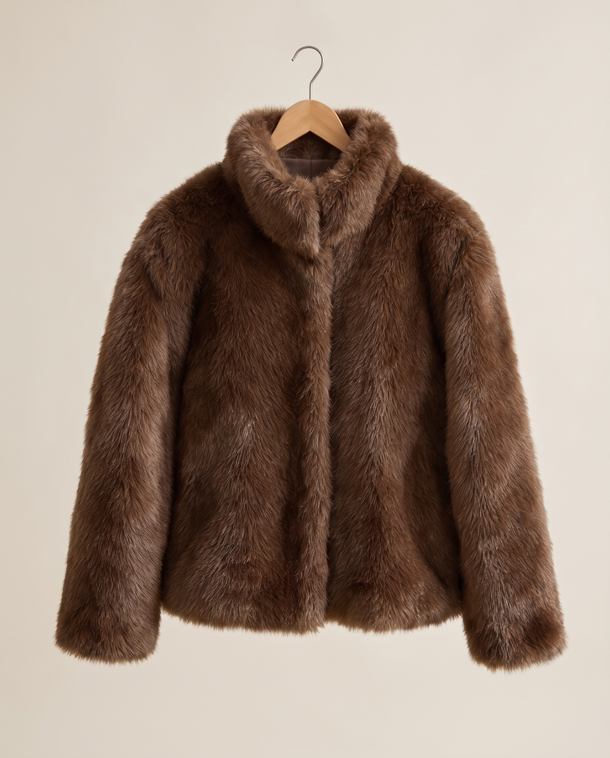 Short Faux Fur Coat with Stand Collar — on hanger