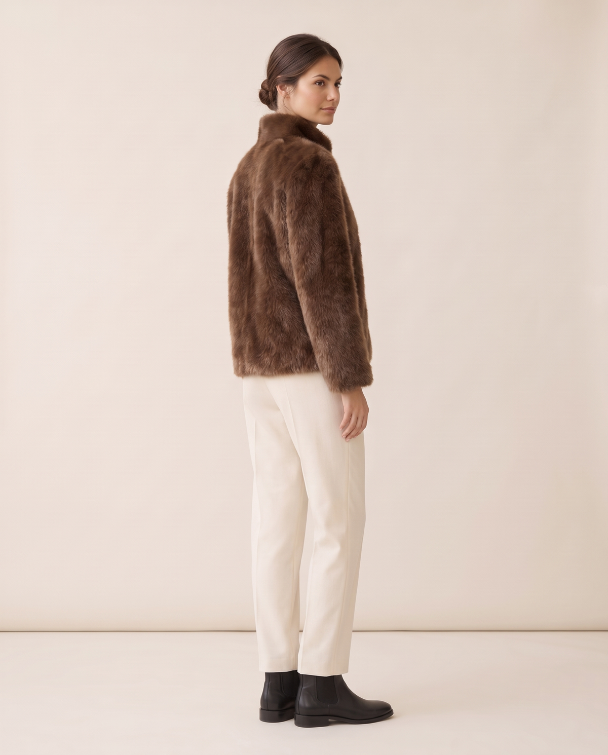 Short Faux Fur Coat with Stand Collar — three-quarter view