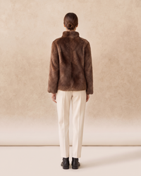 Short Faux Fur Coat with Stand Collar — studio back