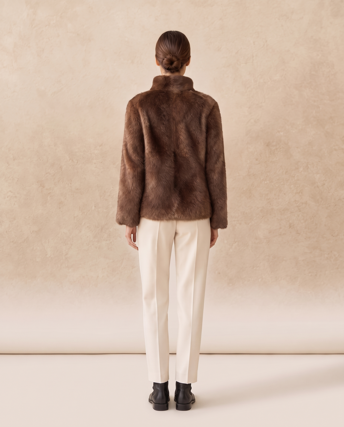 Short Faux Fur Coat with Stand Collar — studio back