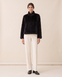 Short Faux Fur Coat with Stand Collar — black, studio front