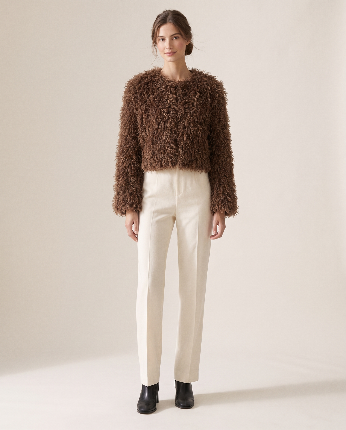 Cropped Shaggy Faux Fur Jacket — chocolate brown, studio front