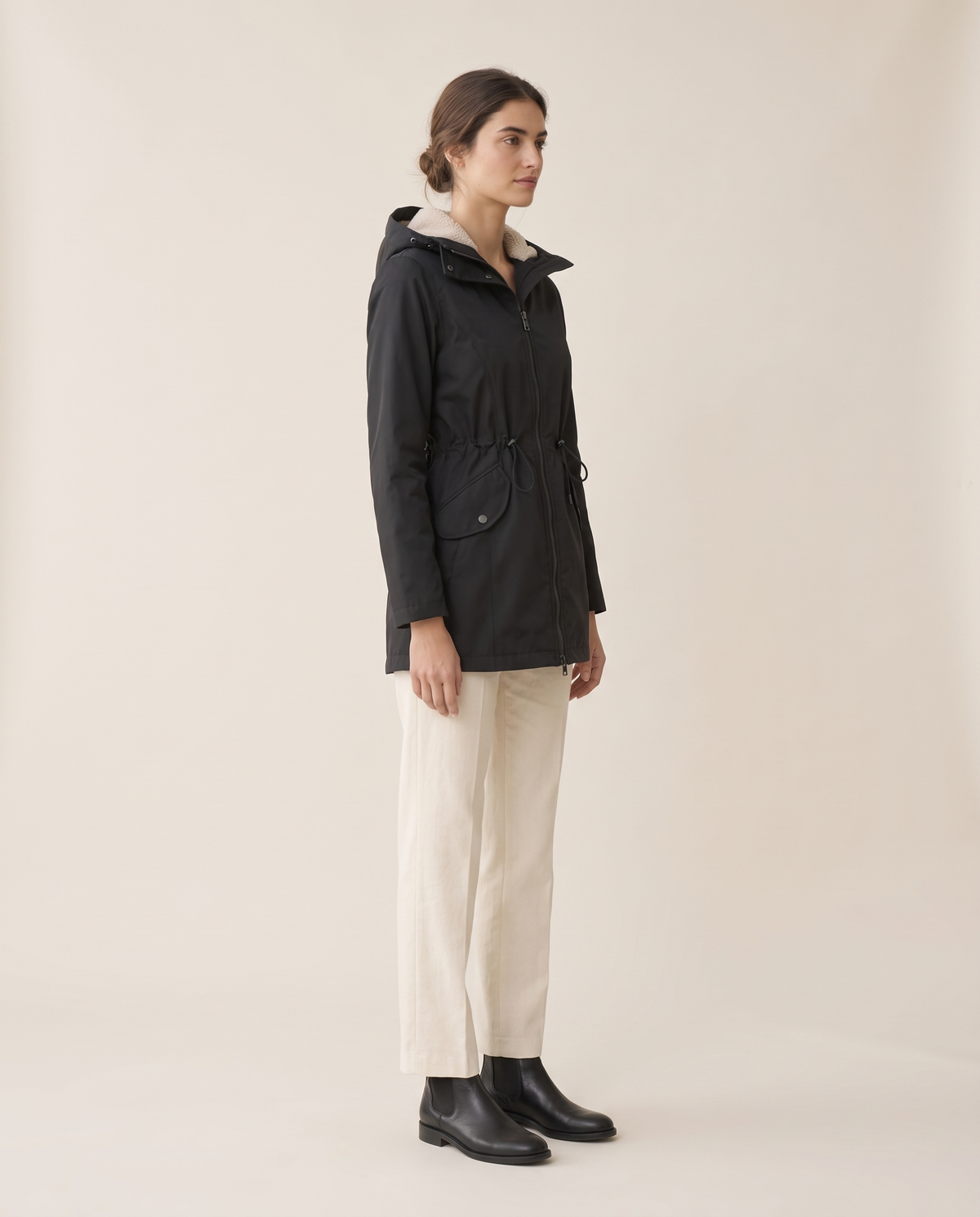 Fitted Waterproof Jacket with Sherpa Hood — three-quarter view
