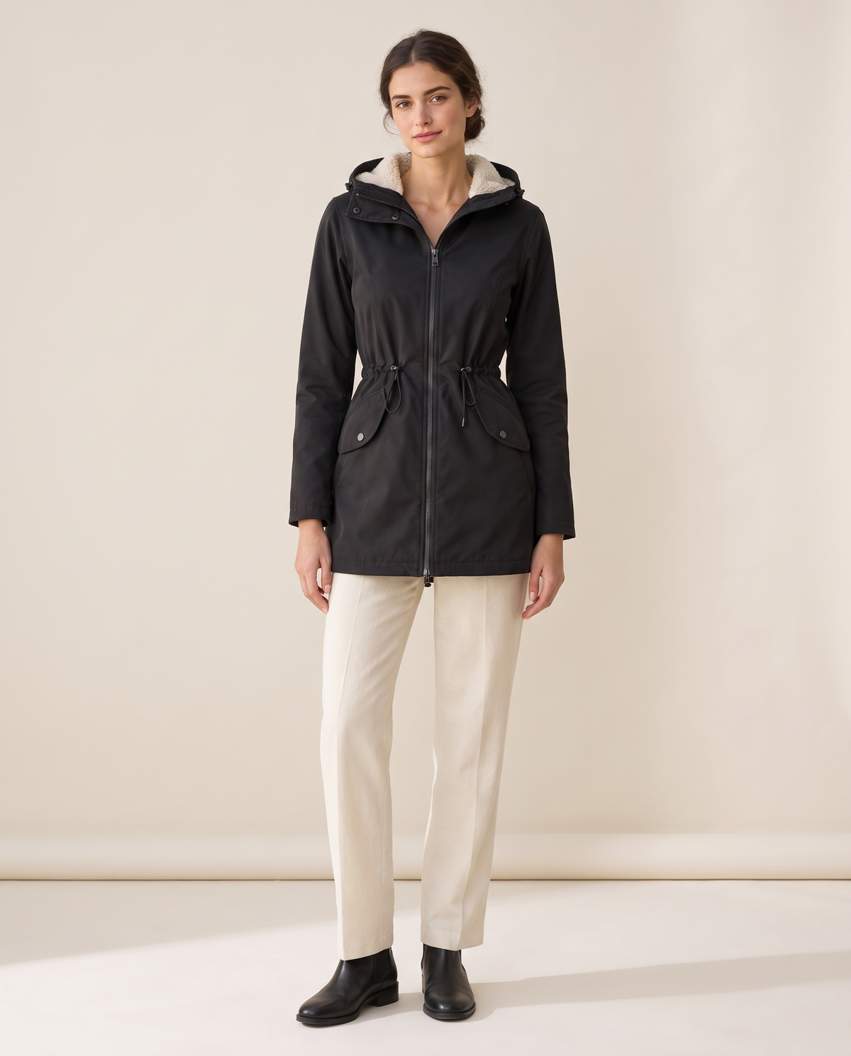 Fitted Waterproof Jacket with Sherpa Hood — studio front