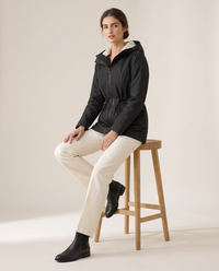 Fitted Waterproof Jacket with Sherpa Hood — worn seated