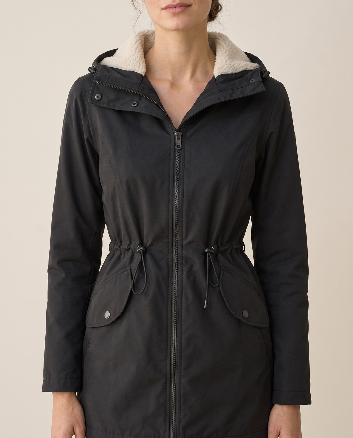 Fitted Waterproof Jacket with Sherpa Hood — sherpa hood and drawstring, worn