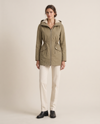 Fitted Waterproof Jacket with Sherpa Hood — olive, studio front