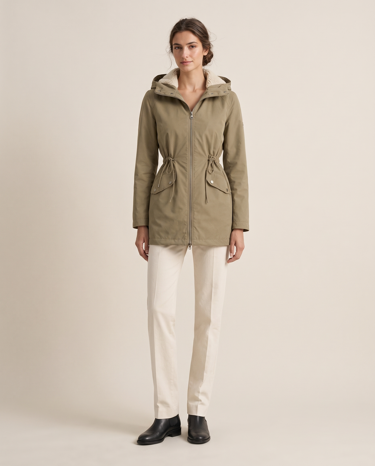Fitted Waterproof Jacket with Sherpa Hood — olive, studio front