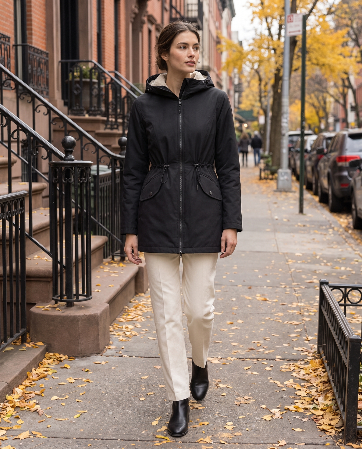Fitted Waterproof Jacket with Sherpa Hood — worn on a New York street in autumn