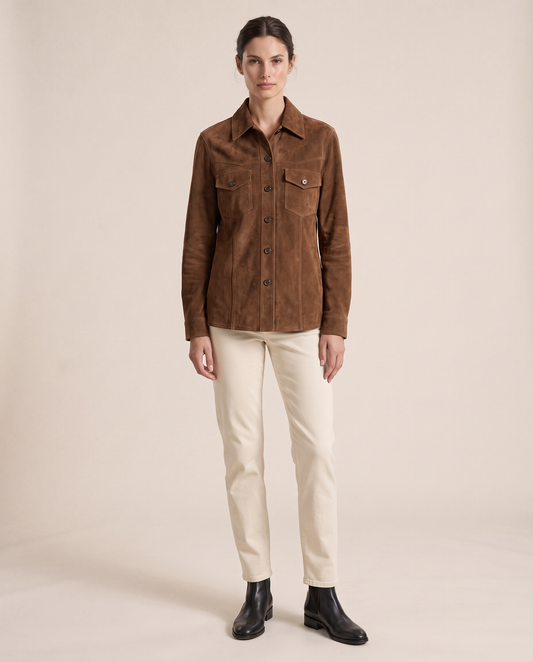 Brown Suede Western Jacket for Women — studio front