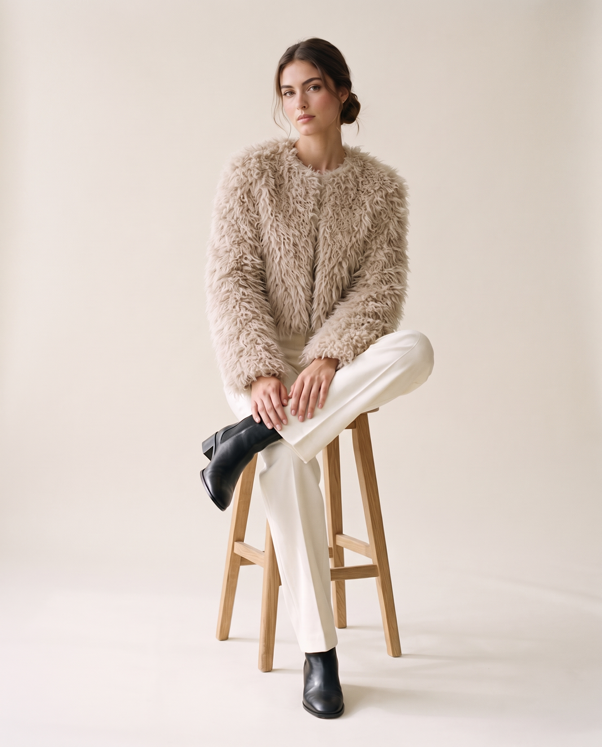Cropped Shaggy Faux Fur Jacket — worn seated