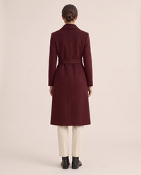 Burgundy Belted Long Coat for Women — studio back