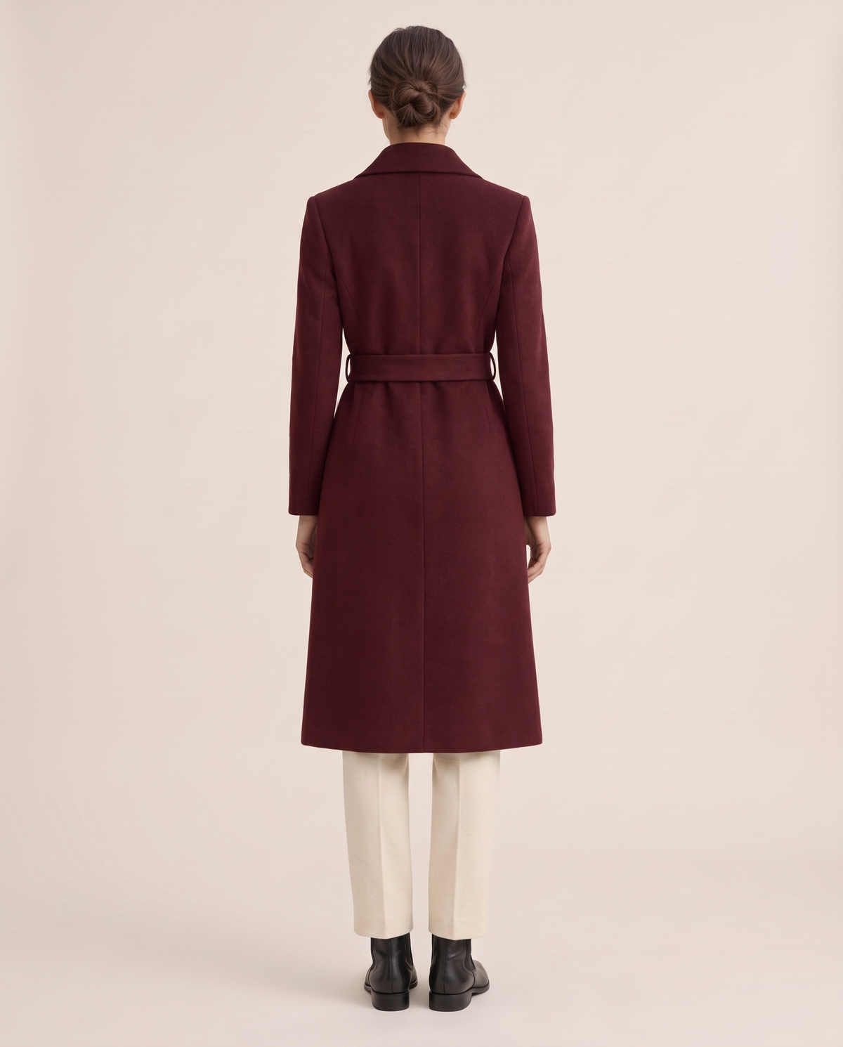 Burgundy Belted Long Coat for Women — studio back
