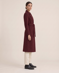 Burgundy Belted Long Coat for Women — three-quarter view