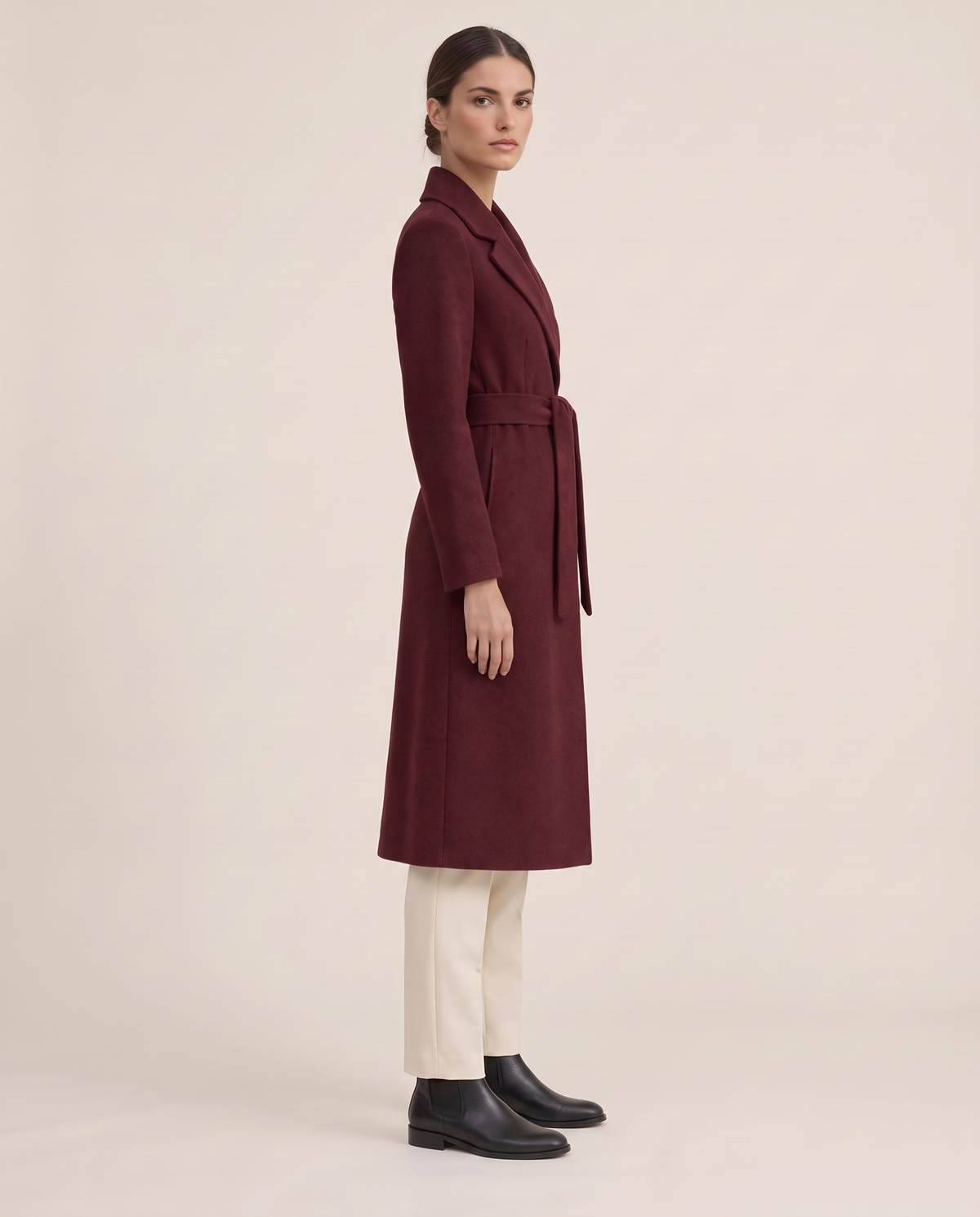 Burgundy Belted Long Coat for Women — three-quarter view