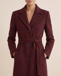 Burgundy Belted Long Coat for Women — lapels and belt, worn
