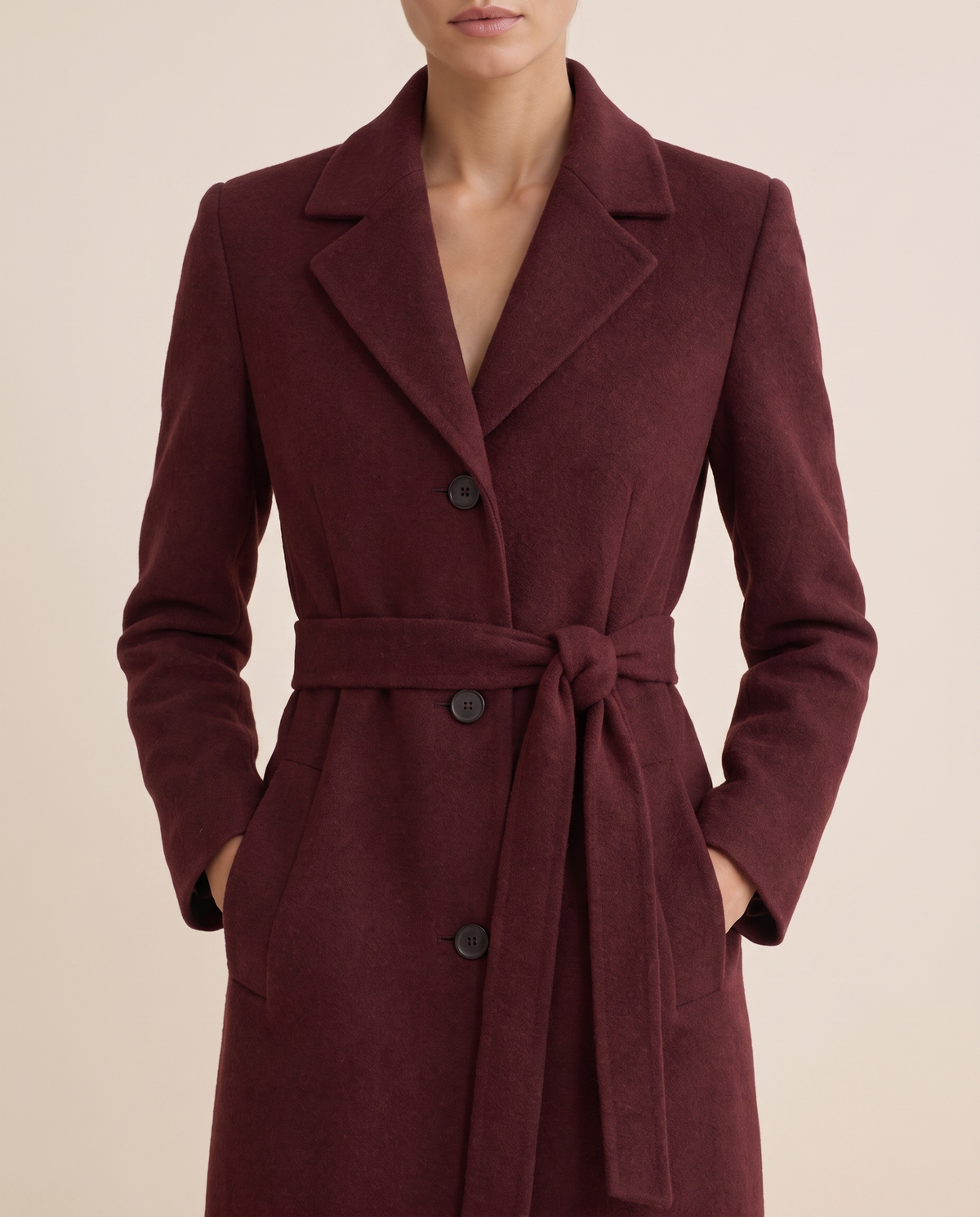 Burgundy Belted Long Coat for Women — lapels and belt, worn