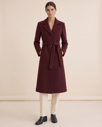 Burgundy Belted Long Coat for Women — studio front