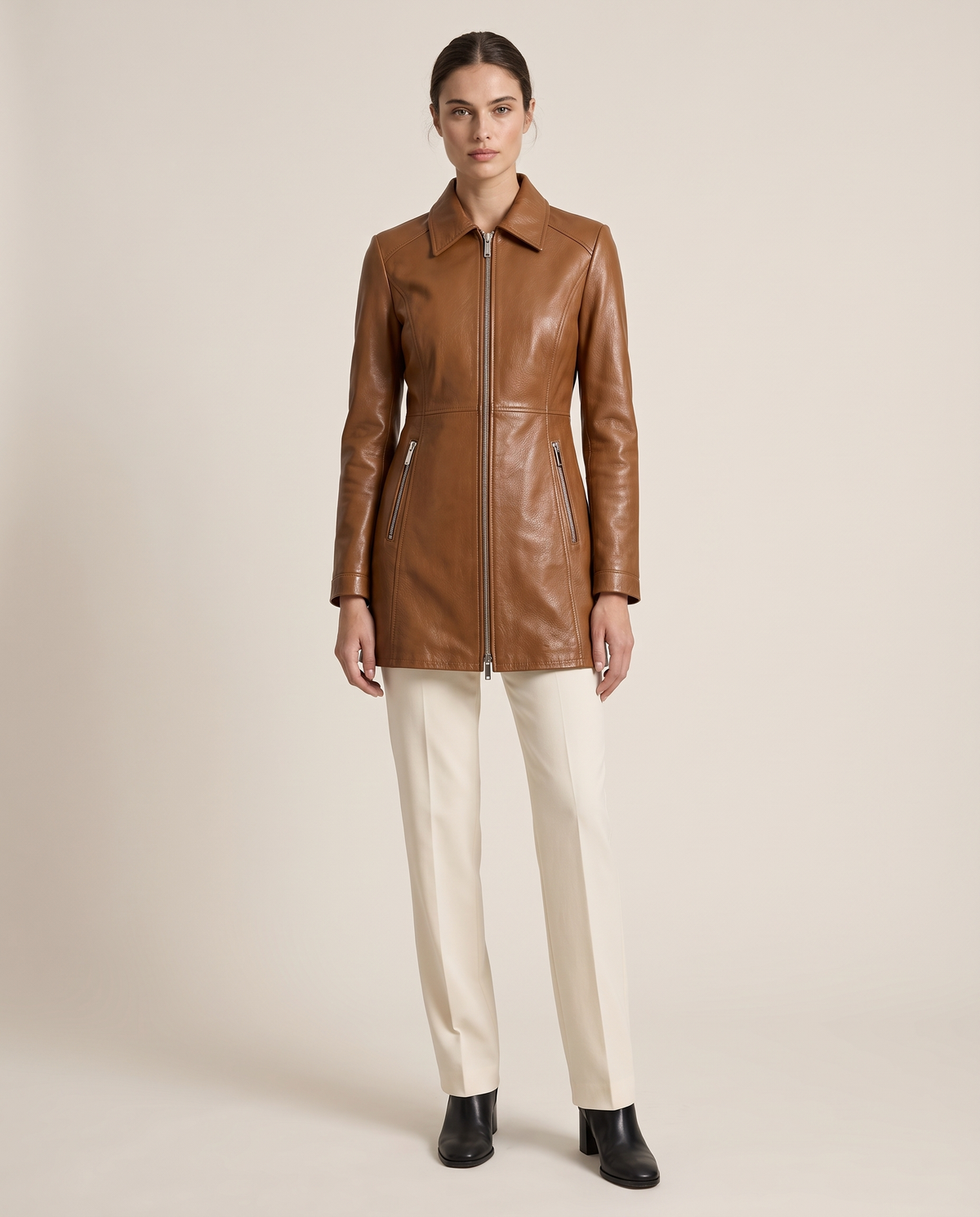 Longline Leather Biker Jacket for Women — studio front