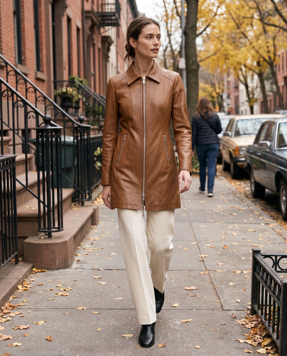 Longline Leather Biker Jacket for Women — worn on a New York street in autumn