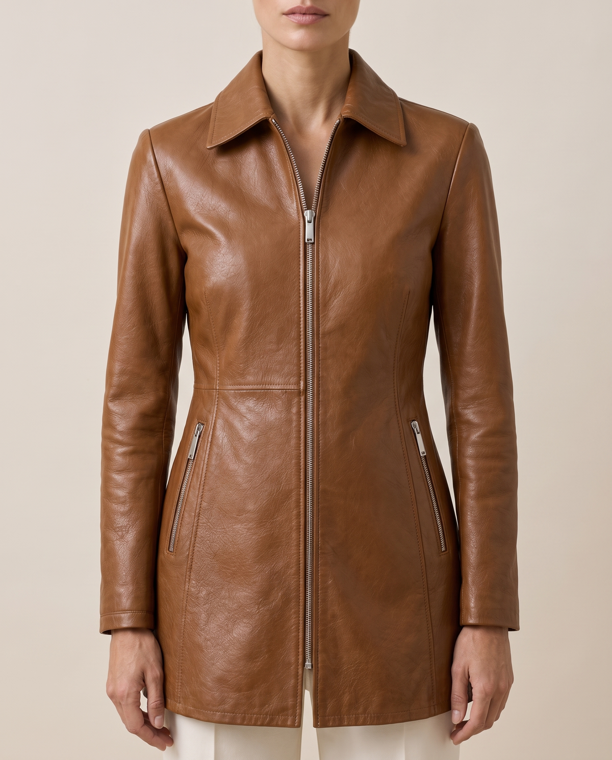 Longline Leather Biker Jacket for Women — collar and zip, worn