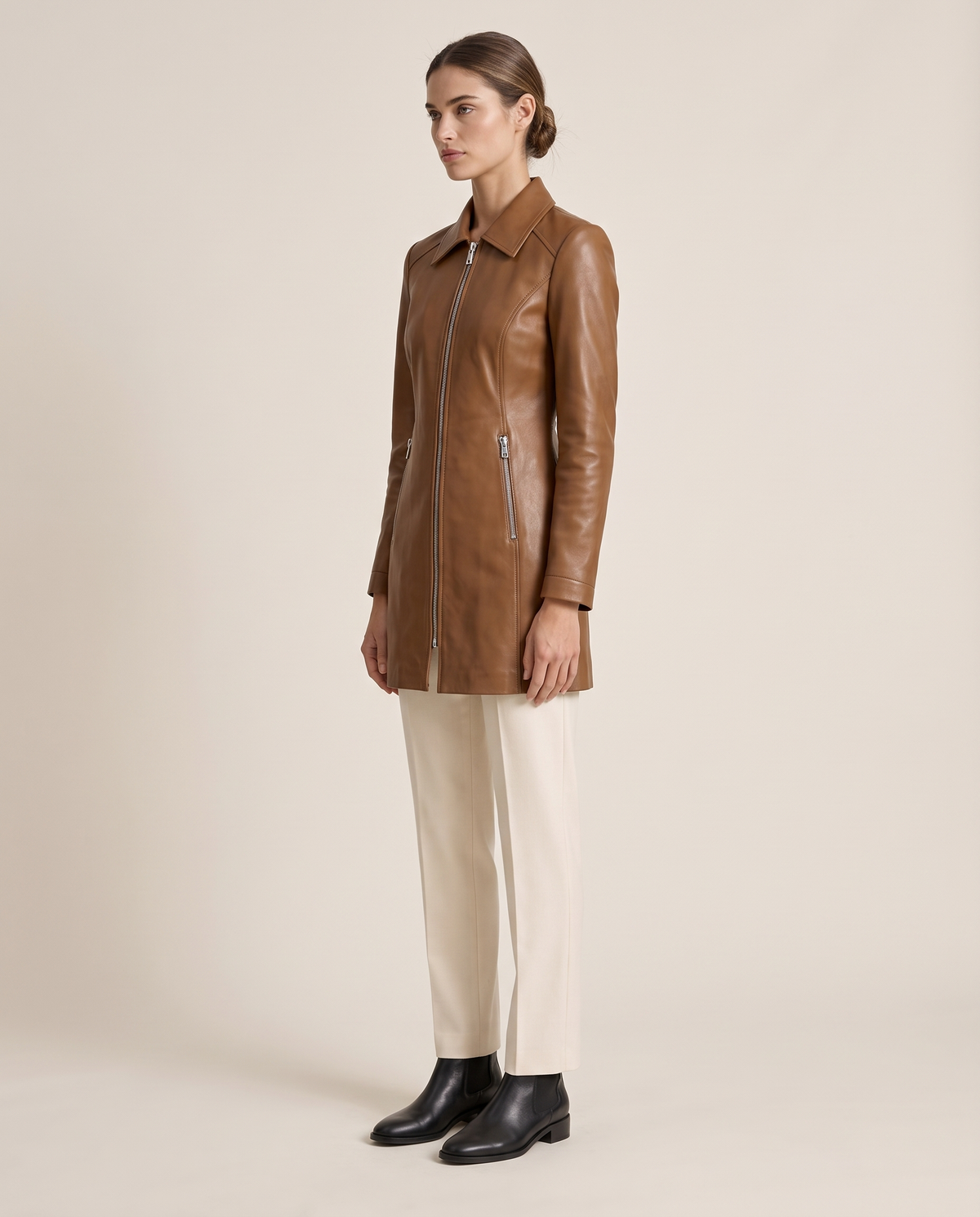 Longline Leather Biker Jacket for Women — three-quarter view