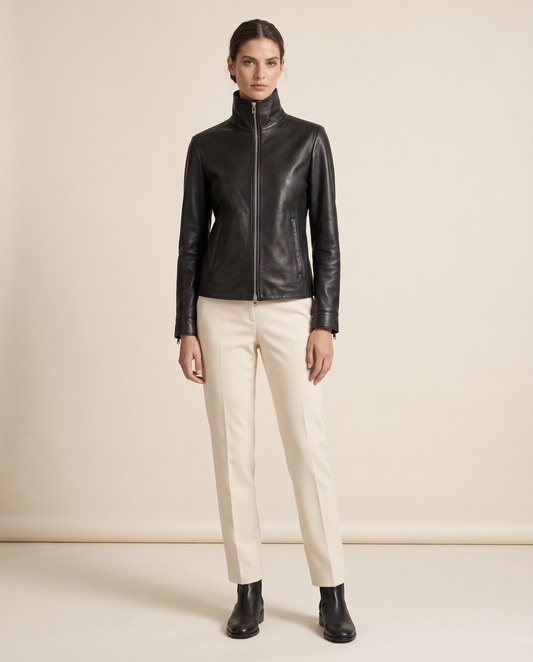 High-Neck Zip Leather Jacket for Women — studio front
