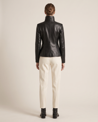 High-Neck Zip Leather Jacket for Women — studio back