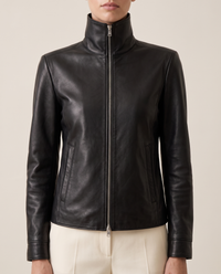 High-Neck Zip Leather Jacket for Women — high neck and zip, worn