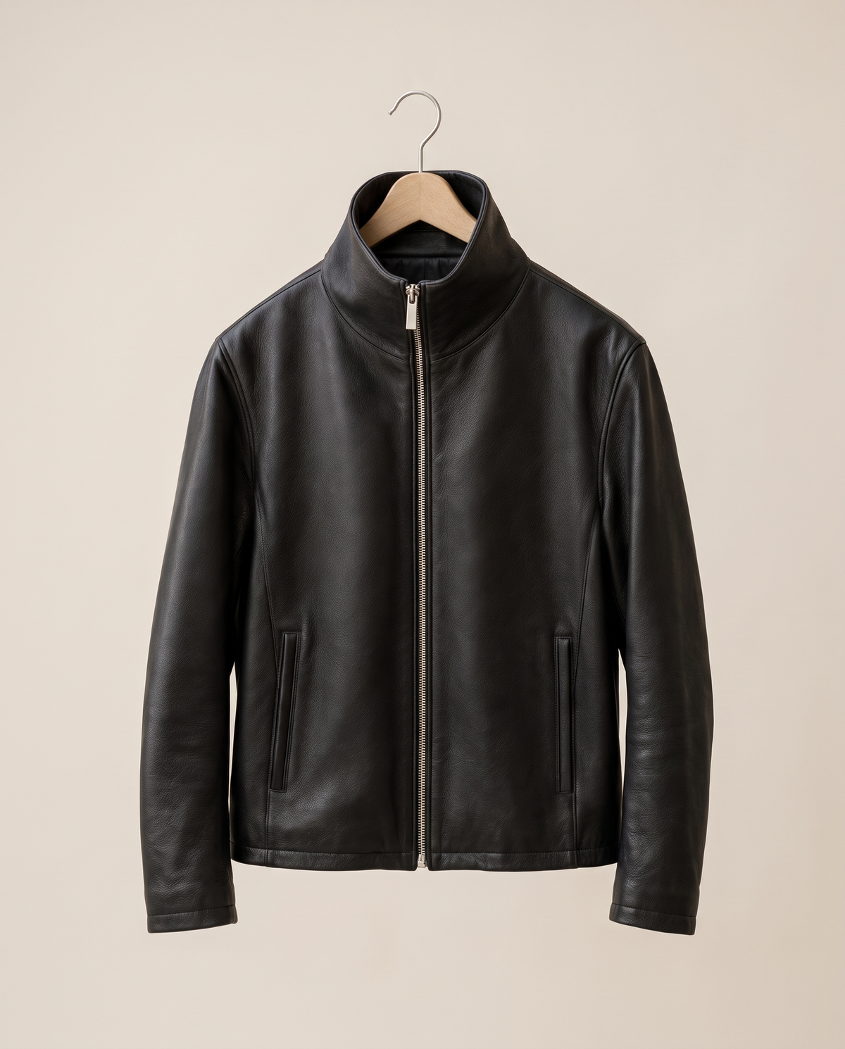 High-Neck Zip Leather Jacket for Women — on hanger
