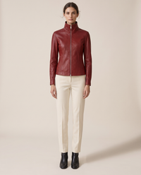 High-Neck Zip Leather Jacket for Women — red, studio front