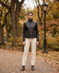 High-Neck Zip Leather Jacket for Women — worn in Central Park in autumn