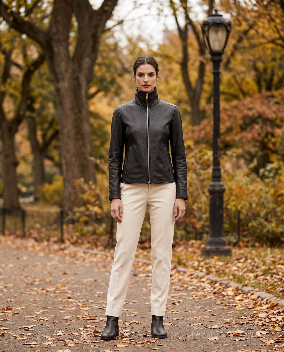 High-Neck Zip Leather Jacket for Women — worn in Central Park in autumn