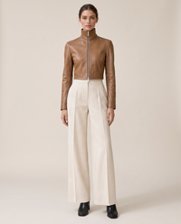 Cropped High-Neck Leather Jacket for Women — studio front