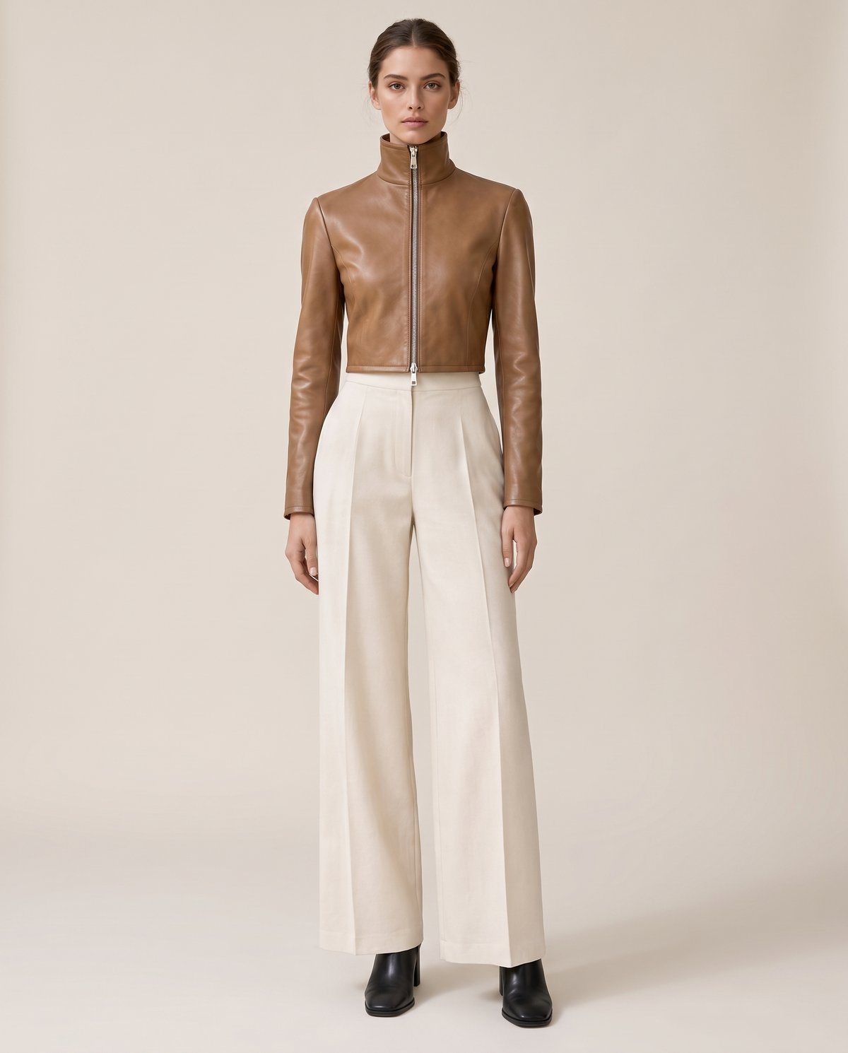 Cropped High-Neck Leather Jacket for Women — studio front