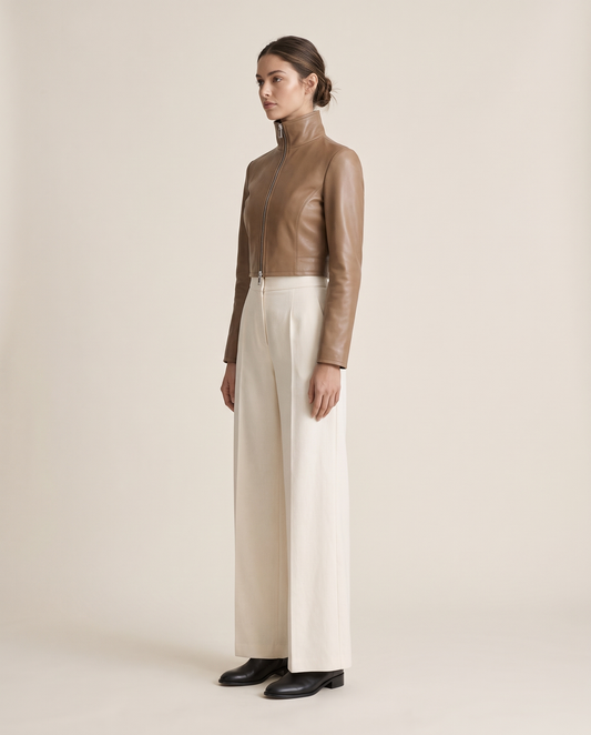 Cropped High-Neck Leather Jacket for Women — three-quarter view