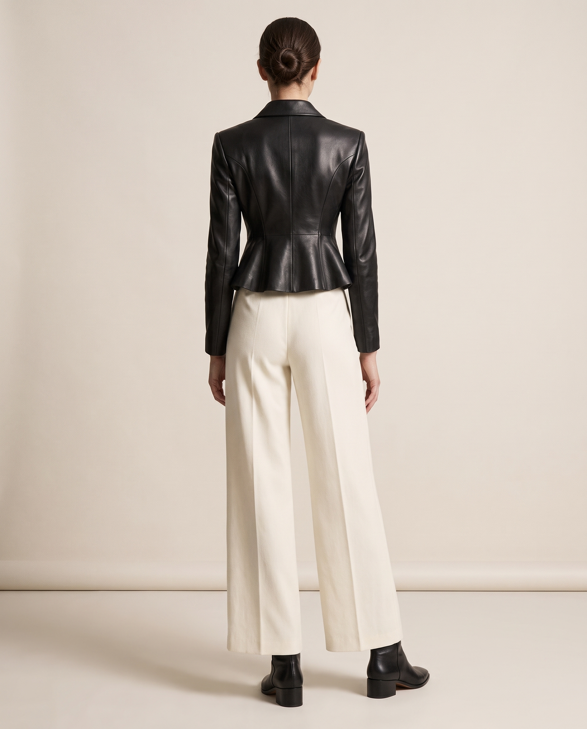 Cropped Fit-and-Flare Leather Jacket — studio back