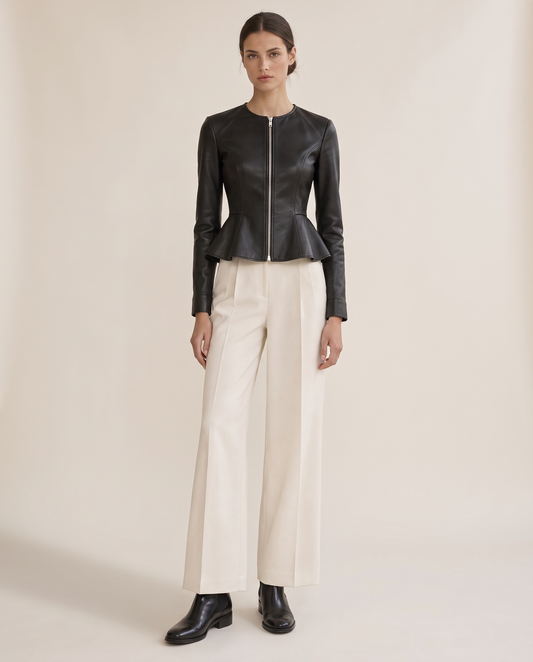 Cropped Fit-and-Flare Leather Jacket — studio front