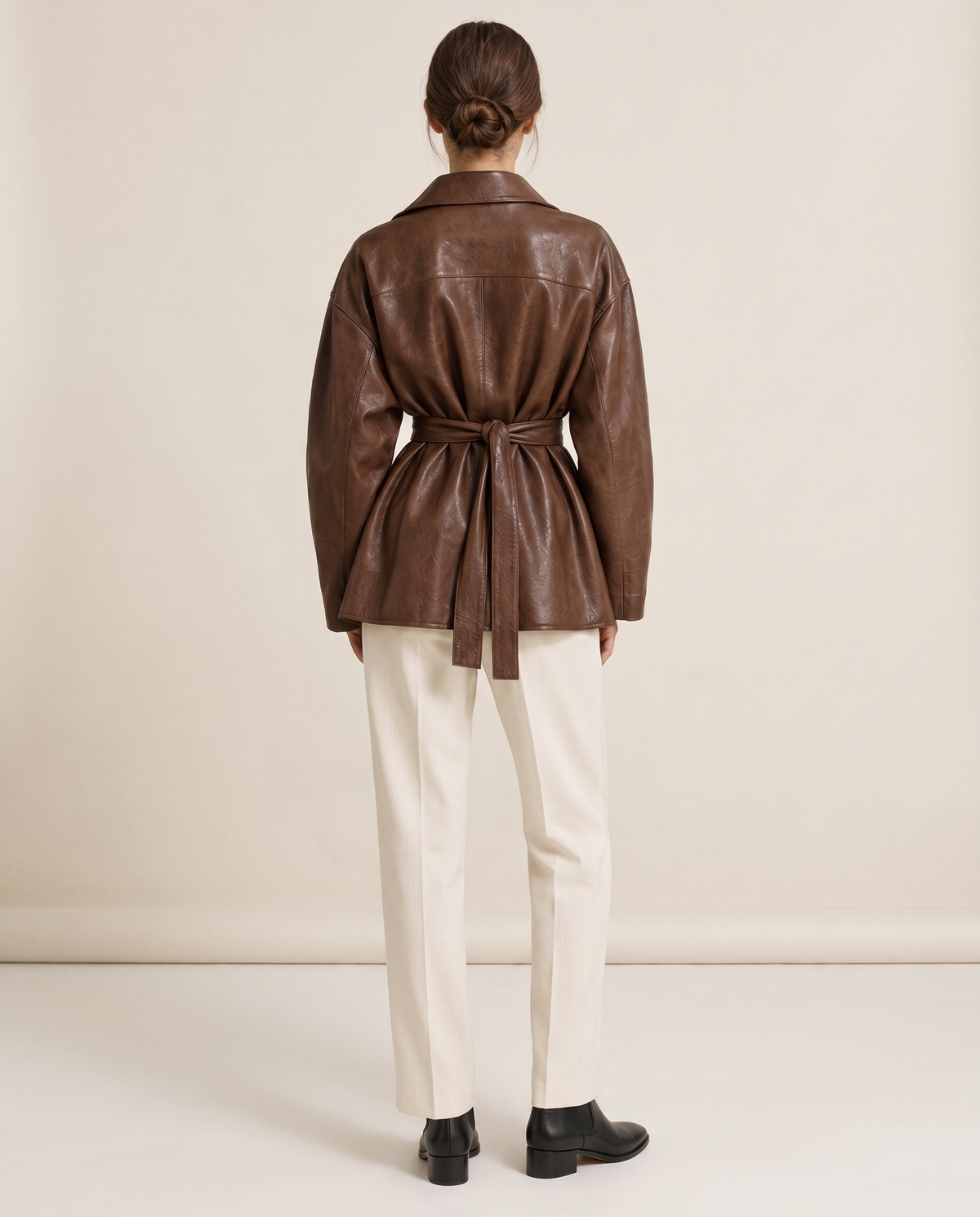 Belted Oversized Leather Jacket for Women — studio back